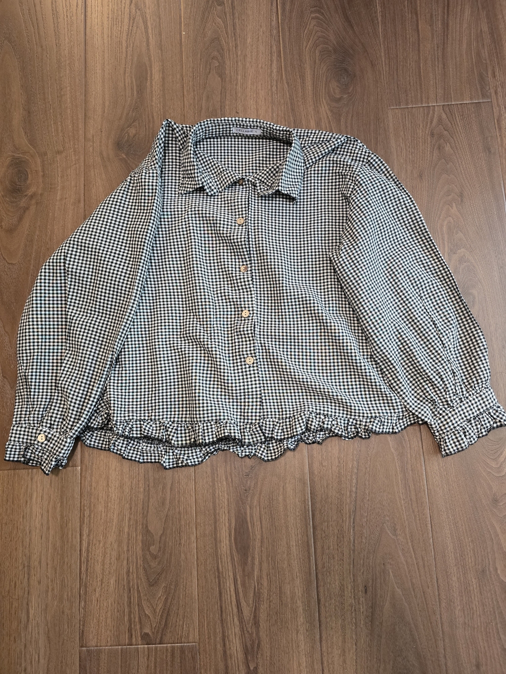 Women's Black & White Gingham Button-Down Shirt with Ruffle Hem